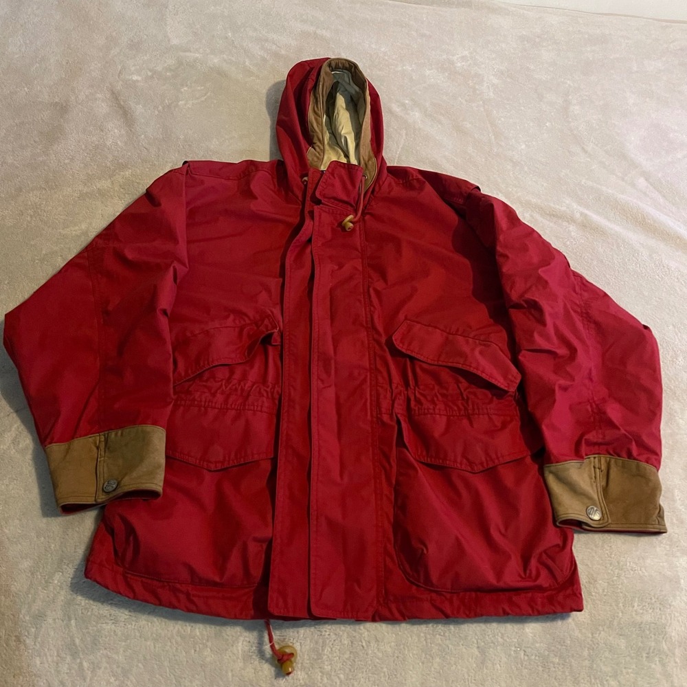 Vintage 90s Structure Mens Hooded Field Jacket Red Leather Trim Small Military